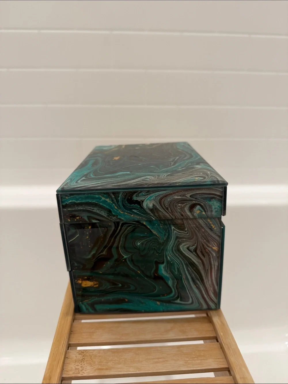 Decorative Marble-Effect Jewelry Box in Teal and Gold - Brand Unspecified